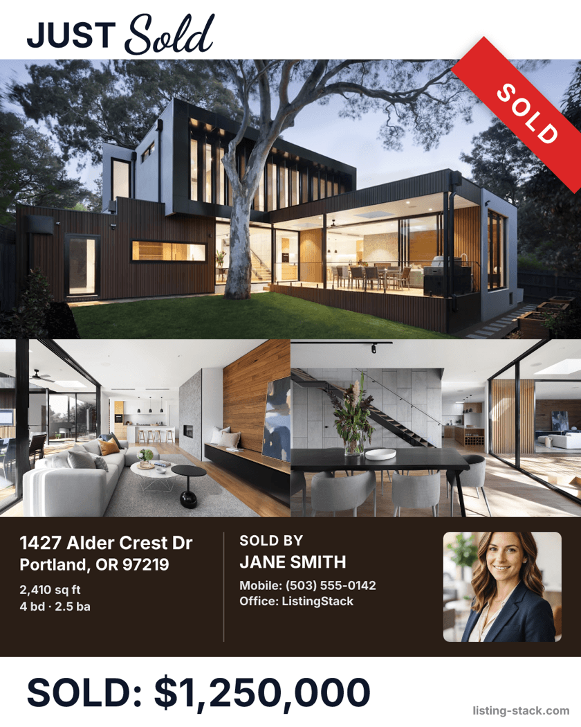 Sample Just Sold flyer generated by ListingStack — home photos, price, and agent card, exactly as the post maker outputs it
